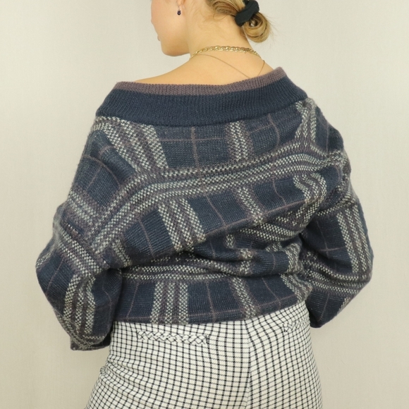 Purple blue wool chunky checked v-neck sweater - Picture 3 of 8